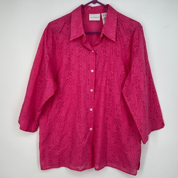 Liz Claiborne Womens XL Button Front Tunic Top Pink Sheer Floral 3/4 Sleeves - Picture 1 of 8